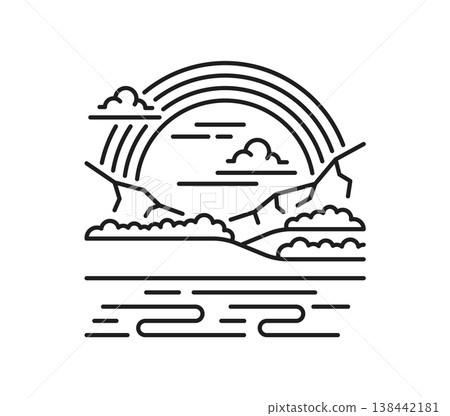 River bank and rainbow landscape line icon or emblem. Nature view lineart vector element or symbol, outdoor travel and hiking scene outline icon. Rainbow under river or lake bank pictogram or sign River bank and rainbow landscape line icon or emblem. Nature view lineart vector element or symbol, outdoor travel and hiking scene outline icon. Rainbow under river or lake bank pictogram or sign 138442181