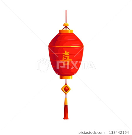 Red Asian paper lantern, Chinese or Korean and Japanese festival lamp, vector icon. Asian paper lantern with Chinese greeting hieroglyph and golden ornament of lucky knot tassel on lamp decoration Red Asian paper lantern, Chinese or Korean and Japanese festival lamp, vector icon. Asian paper lantern with Chinese greeting hieroglyph and golden ornament of lucky knot tassel on lamp decoration 138442194