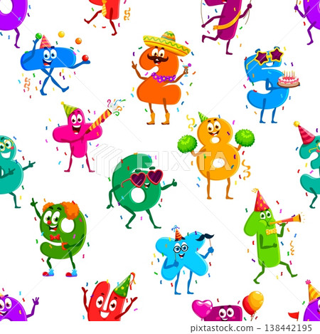 Birthday holiday math numbers and digit characters pattern, cartoon vector background. Math number characters on birthday party in Mexican sombrero and pompoms for fiesta with funny faces in pattern Birthday holiday math numbers and digit characters pattern, cartoon vector background. Math number characters on birthday party in Mexican sombrero and pompoms for fiesta with funny faces in pattern 138442195