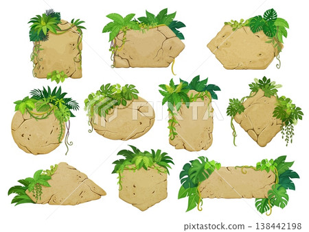 Cracked stone plates with jungle lianas. Road board sign or direction pointer, isolated cartoon vector banners covered in jungle vine shrubs, climbing plants. Old stone plates with cracks and lianas Cracked stone plates with jungle lianas. Road board sign or direction pointer, isolated cartoon vector banners covered in jungle vine shrubs, climbing plants. Old stone plates with cracks and lianas 138442198