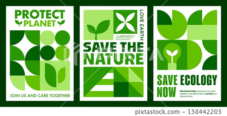 Save nature environment eco vector posters with green geometric pattern of circles, leaves, stars and triangles. Earth Day, eco product, ecological event posters. Ecology protection mosaic cards Save nature environment eco vector posters with green geometric pattern of circles, leaves, stars and triangles. Earth Day, eco product, ecological event posters. Ecology protection mosaic cards 138442203