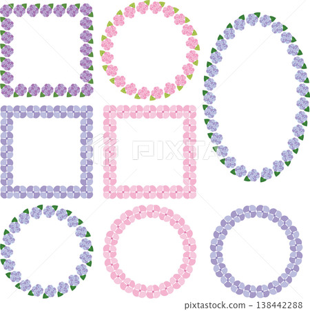 Summer flowers, rainy season, hydrangea round frame, illustration material, design, decorative frame, copy space, background 138442288