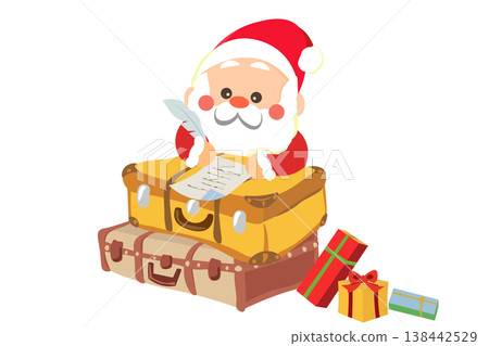 An illustration of Santa Claus writing a letter on top of a suitcase. An illustration of Santa Claus writing a letter on top of a suitcase. 138442529