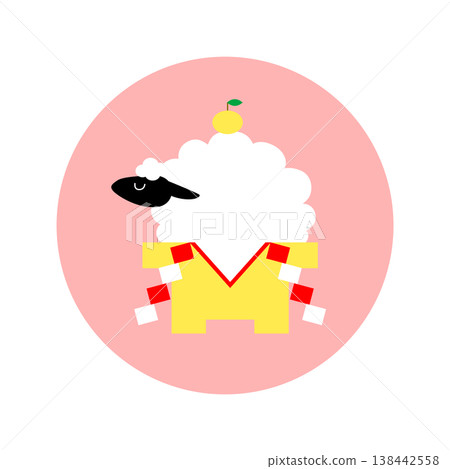 Cute sheep illustration on a Kagami Mochi (New Year's rice cake) [New Year's card/New Year's greeting] 138442558