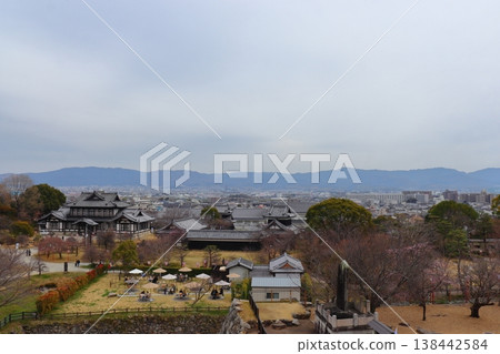 A view of the cityscape towards Mt. Bodai in Nara City from the main keep of Yamato-Koriyama Castle (Yamato-Koriyama City, Nara Prefecture) A view of the cityscape towards Mt. Bodai in Nara City from the main keep of Yamato-Koriyama Castle (Yamato-Koriyama City, Nara Prefecture) 138442584