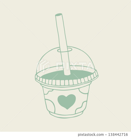Hand drawn vector of a milkshake in a plastic cup with a dome lid and a big straw. Retro style beverage illustration with a heart symbol and cow print pattern for dessert and cafe menus Hand drawn vector of a milkshake in a plastic cup with a dome lid and a big straw. Retro style beverage illustration with a heart symbol and cow print pattern for dessert and cafe menus 138442716