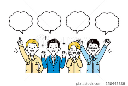 一組向量插圖，描繪了在製造業和建築業中精力充沛地工作的男女員工和公司總裁的對話氣泡和上半身。 138442886