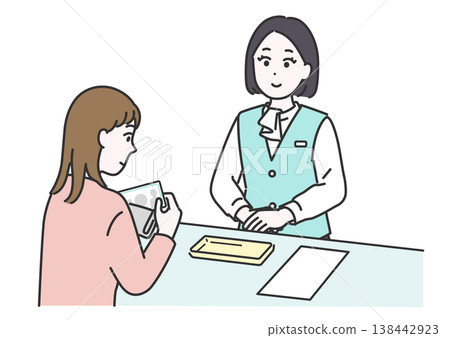 圖中描繪了一名女病人正在醫院接待處用現金支付費用，以及一名醫療辦公室工作人員。 138442923