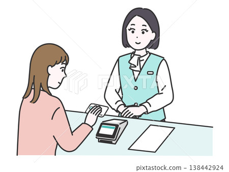 插圖描繪了一名女病人正在醫院接待處用信用卡付款，以及一名醫療辦公室工作人員。 138442924