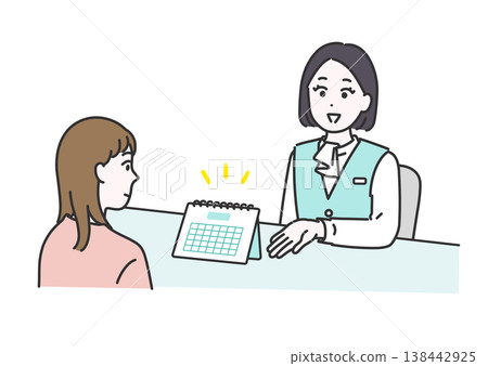 An illustration of a medical office staff member guiding a female patient to her next appointment at the hospital reception. 138442925