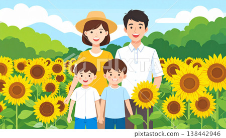 夏日的一天，一家人去了向日葵田。 138442946