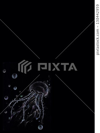 一幅奇幻的點彩畫，描繪了水母在深海中漂浮的景象（帶有圓形傘狀物和氣泡）。 138442959