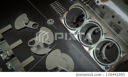 Shiny Engine Cylinder Block And Pistons Mechanical Parts 3d render. Shiny Engine Cylinder Block And Pistons Mechanical Parts 3d render. 138442995