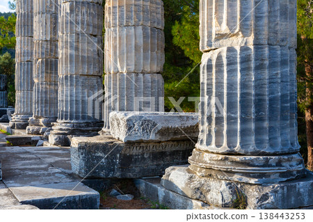 Architectural elements and parts of columns of Temple of Athena in Priene, Turkey 138443253