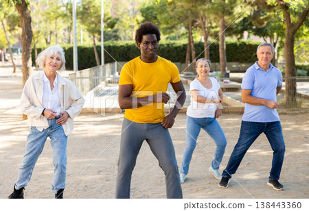 Active mature women and men learning modern dynamic dances in summer park 138443360