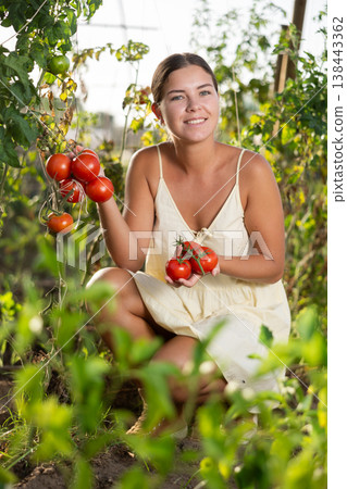 Young woman posing with tomatoes in garden Young woman posing with tomatoes in garden 138443362
