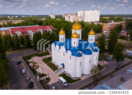 View from drone of Voskresensk with Church of Icon of Our Lady of Jerusalem View from drone of Voskresensk with Church of Icon of Our Lady of Jerusalem 138443425