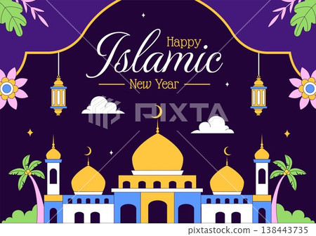 Islamic New Year Vector Illustration With Mosque, Crescent, Lantern, and Muharram Celebration Night Scene, Religious Holiday Design Islamic New Year Vector Illustration With Mosque, Crescent, Lantern, and Muharram Celebration Night Scene, Religious Holiday Design 138443735