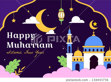 Islamic New Year Vector Illustration With Mosque, Crescent, Lantern, and Muharram Celebration Night Scene, Religious Holiday Design Islamic New Year Vector Illustration With Mosque, Crescent, Lantern, and Muharram Celebration Night Scene, Religious Holiday Design 138443736