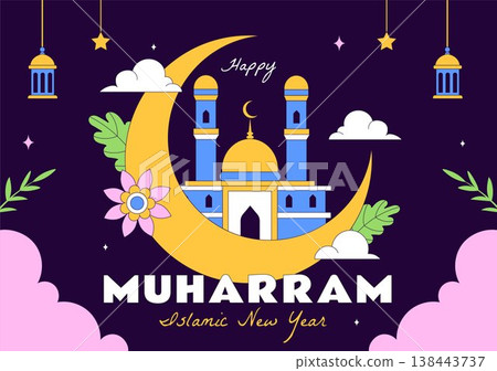 Islamic New Year Vector Illustration With Mosque, Crescent, Lantern, and Muharram Celebration Night Scene, Religious Holiday Design Islamic New Year Vector Illustration With Mosque, Crescent, Lantern, and Muharram Celebration Night Scene, Religious Holiday Design 138443737