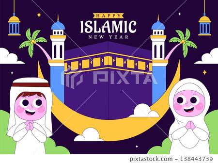 Islamic New Year Vector Illustration With Mosque, Crescent, Lantern, and Muharram Celebration Night Scene, Religious Holiday Design 138443739