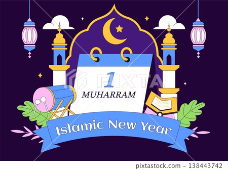 Islamic New Year Vector Illustration With Mosque, Crescent, Lantern, and Muharram Celebration Night Scene, Religious Holiday Design Islamic New Year Vector Illustration With Mosque, Crescent, Lantern, and Muharram Celebration Night Scene, Religious Holiday Design 138443742