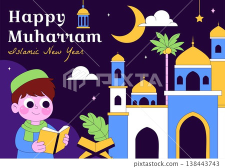 Islamic New Year Vector Illustration With Mosque, Crescent, Lantern, and Muharram Celebration Night Scene, Religious Holiday Design 138443743