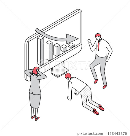 Isometric line drawing illustration of a business team bewildered by declining performance. Isometric line drawing illustration of a business team bewildered by declining performance. 138443876