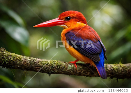 一隻色彩鮮豔的翠鳥（紅背三趾翠鳥，Ceyx rufidorsa）棲息在雨林的樹枝上。 138444023