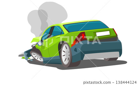 Sedan car green color broken or damaged. ehicle was involved in a severe front end collision. Front wheel is bent and front bumper is shattered. Smoke is billowing from the engine compartment. Sedan car green color broken or damaged. ehicle was involved in a severe front end collision. Front wheel is bent and front bumper is shattered. Smoke is billowing from the engine compartment. 138444124