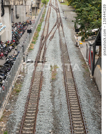 Overhead View of Railway Tracks and Junction Switch Overhead View of Railway Tracks and Junction Switch 138444189
