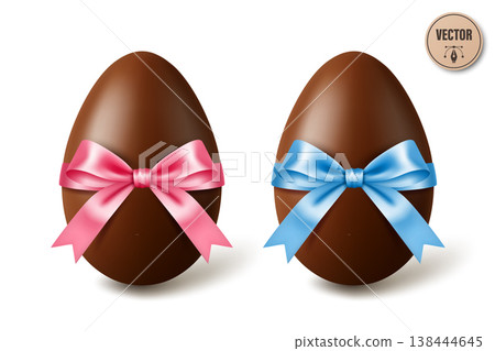 Vector 3d Chocolate Easter Eggs with Pink and Blue Satin Bows, Isolated. Sweet Holiday Gift Illustration. Festive Spring Dessert Decoration. Candy Surprise Concept 138444645