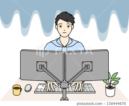 An illustration of a man with an exhausted expression after long hours of computer work. 138444670