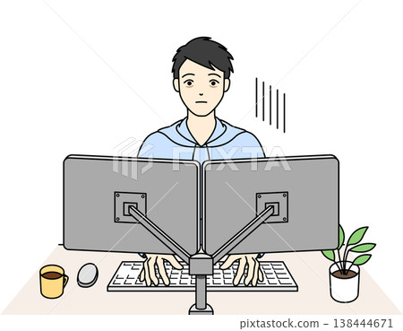 An illustration of a man exhausted from working on his computer with dual monitors. 138444671