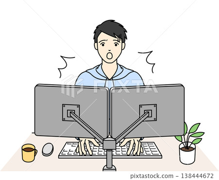 An illustration of a man surprised by dual-monitor computer work. 138444672
