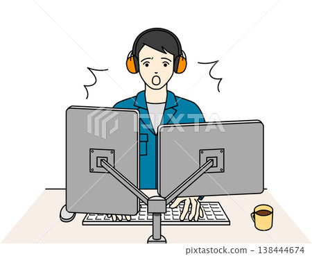 A man with hyperacusis, wearing work clothes and earmuffs, is startled while working on his computer. 138444674