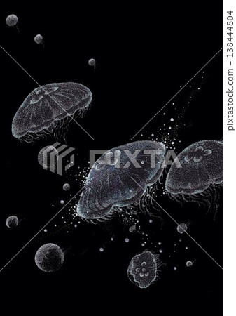 A pointillist illustration of round jellyfish and bubbles floating in the deep sea (on a jet-black background). 138444804