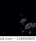 A pointillist illustration of round jellyfish and bubbles floating in the deep sea (on a jet-black background). 138444805
