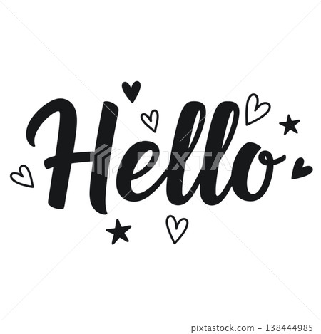 Hello Cursive Lettering with Hearts and Stars Vector Hello Cursive Lettering with Hearts and Stars Vector 138444985