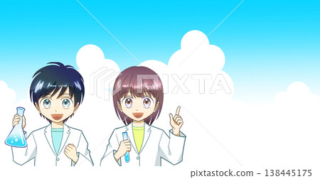 An anime-style illustration of a boy and girl in lab coats, smiling and conducting an experiment, with a margin on the right. An anime-style illustration of a boy and girl in lab coats, smiling and conducting an experiment, with a margin on the right. 138445175