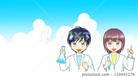 一幅動漫風格的插圖,描繪了一男一女穿著實驗服,面帶微笑地進行實驗,左側留有空白。 一幅動漫風格的插圖,描繪了一男一女穿著實驗服,面帶微笑地進行實驗,左側留有空白。 138445176