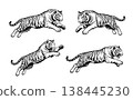 Dynamic set of 4 black and white leaping tiger vector illustrations. Highly detailed engraving style, ideal for sports mascots, logos, and apparel. 138445230