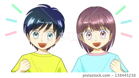 Anime-style illustration of a boy and girl wearing summer clothes and smiling while making a fist pump, white background 138445238