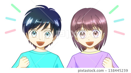 Anime-style illustration of a boy and girl wearing summer clothes and smiling while making a fist pump, white background Anime-style illustration of a boy and girl wearing summer clothes and smiling while making a fist pump, white background 138445239