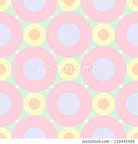 Seamless geometric pattern with soft pastel retro concentric circles and colorful polka dots. 138445489