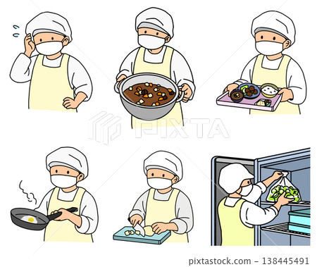 Illustration set of school lunch preparation staff (preparation, cooking, serving, storage - 6 poses) Illustration set of school lunch preparation staff (preparation, cooking, serving, storage - 6 poses) 138445491