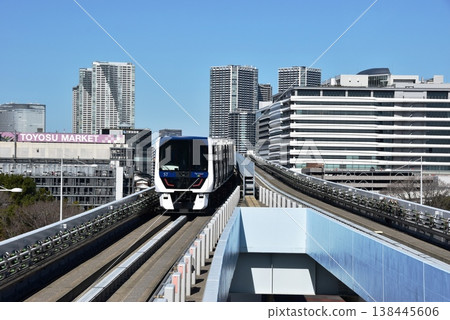 Yurikamome New Transit Line running near Toyosu Market in Tokyo. Yurikamome New Transit Line running near Toyosu Market in Tokyo. 138445606