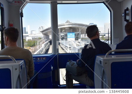 Tokyo Metropolitan Area: Inside the Yurikamome New Transit Line train and the view from the window at Ariake Tennis Forest Station Tokyo Metropolitan Area: Inside the Yurikamome New Transit Line train and the view from the window at Ariake Tennis Forest Station 138445608