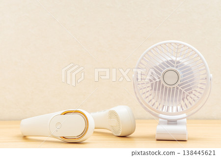 桌上放著一台檯扇和一台頸扇。 138445621