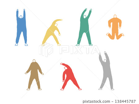 A set of hand-drawn, colorful illustrations of a person stretching and extending their body. A set of hand-drawn, colorful illustrations of a person stretching and extending their body. 138445787